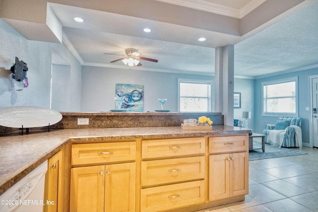 kitchen with ornamental molding, dishwasher, light brown cabinets, and a wealth of natural light