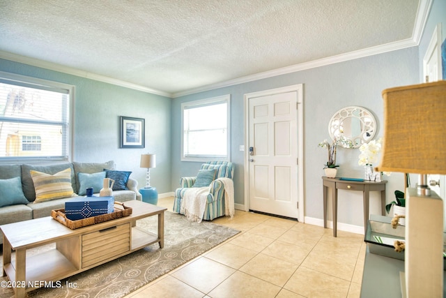 living room featuring light tile patterned flooring, crown molding, a textured ceiling, and a wealth of natural light