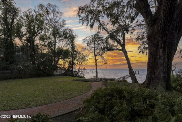 yard at dusk with a water view