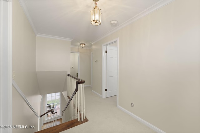 hallway featuring crown molding and light carpet