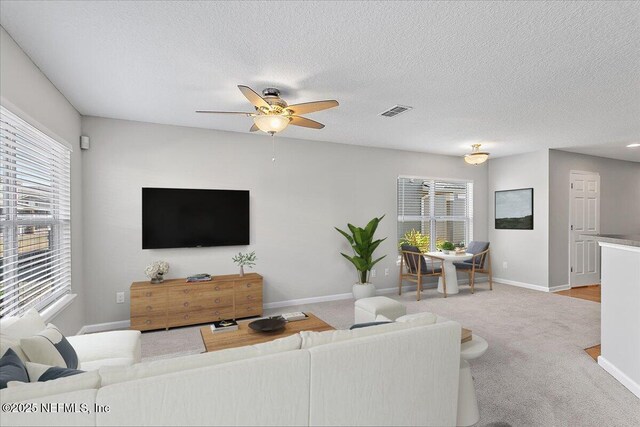 1500 Calming Water Dr Unit 2406, Fleming Island, FL 32003 - carpeted living room featuring baseboards, ceiling fan, and a textured ceiling