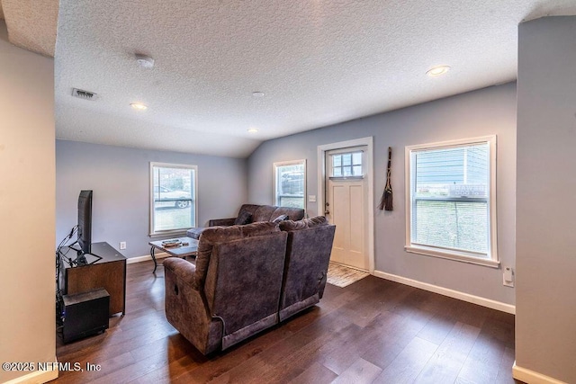 living room featuring dark wood-type flooring, a textured ceiling, and lofted ceiling