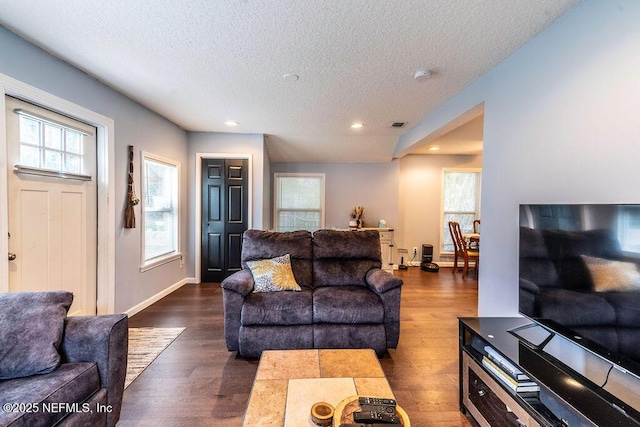 living room with a textured ceiling and dark hardwood / wood-style flooring