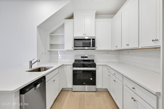 kitchen featuring sink, white cabinetry, light wood-type flooring, stainless steel appliances, and backsplash