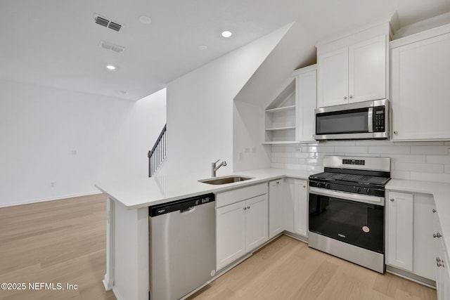 kitchen featuring appliances with stainless steel finishes, sink, white cabinets, kitchen peninsula, and light wood-type flooring