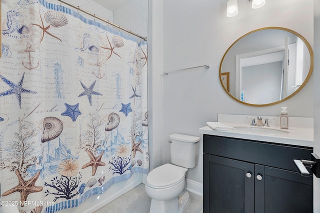 full bathroom featuring tile patterned floors, vanity, toilet, and shower / tub combo with curtain