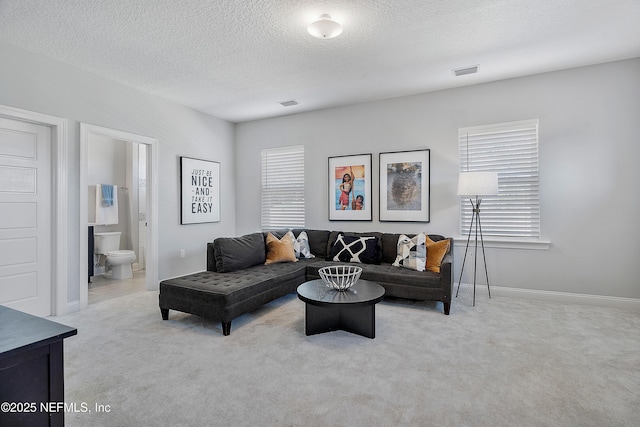 carpeted living room with a textured ceiling