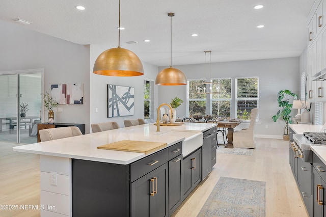 kitchen featuring hanging light fixtures, sink, a center island with sink, and light hardwood / wood-style floors