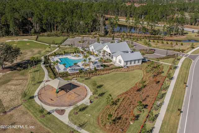 drone / aerial view featuring a water view