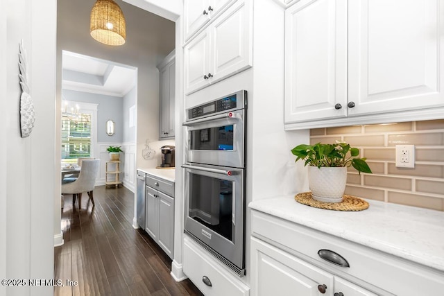 kitchen featuring dark wood-type flooring, a wainscoted wall, a tray ceiling, appliances with stainless steel finishes, and white cabinets