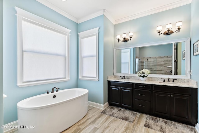 bathroom featuring double vanity, a shower stall, ornamental molding, and a sink