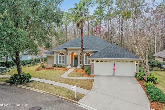 view of front of house with a garage and a front lawn