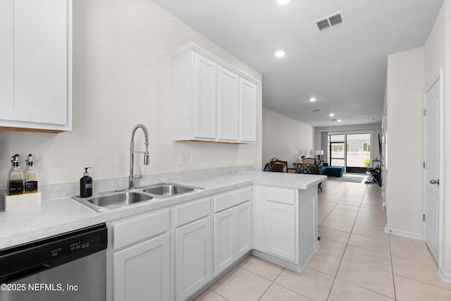 kitchen featuring white cabinetry, dishwasher, sink, and kitchen peninsula