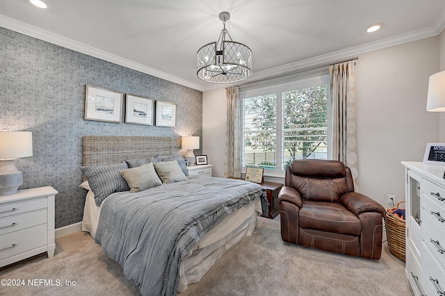 bedroom with a notable chandelier, light colored carpet, and ornamental molding