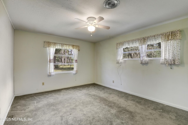 spare room with carpet floors, a wealth of natural light, a textured ceiling, and ceiling fan