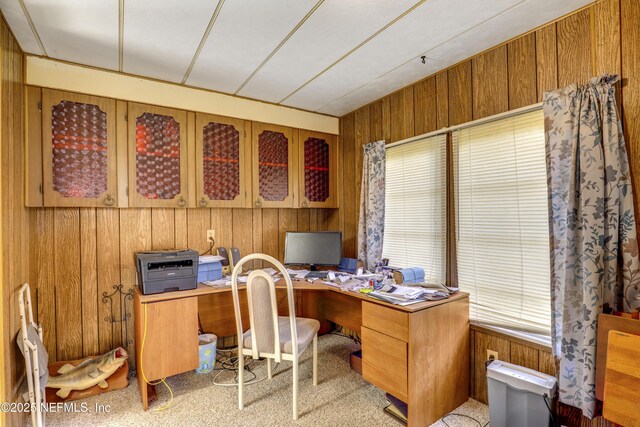 office space featuring light colored carpet and wood walls