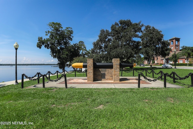 view of property's community featuring a water view and a yard