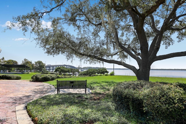 surrounding community with a water view and a lawn