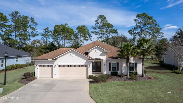 ranch-style home with a garage and a front yard