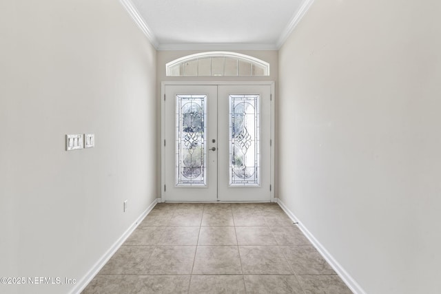 entryway featuring light tile patterned floors, crown molding, and french doors