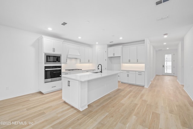 kitchen featuring white cabinetry, stainless steel appliances, an island with sink, and custom exhaust hood