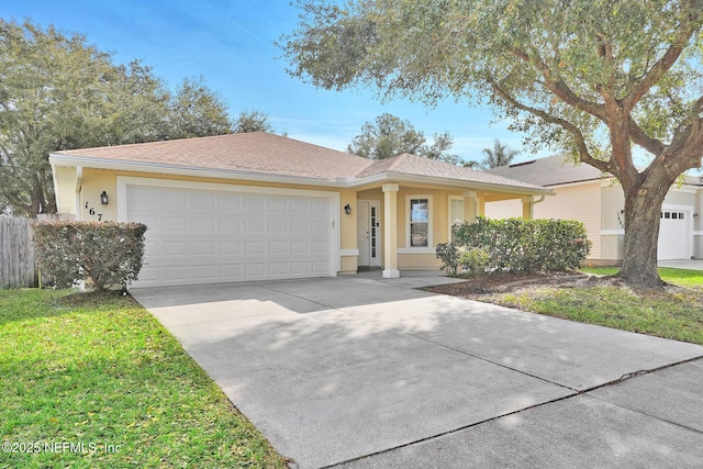 single story home with a garage