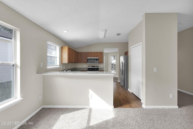 kitchen with lofted ceiling, dark carpet, kitchen peninsula, and appliances with stainless steel finishes