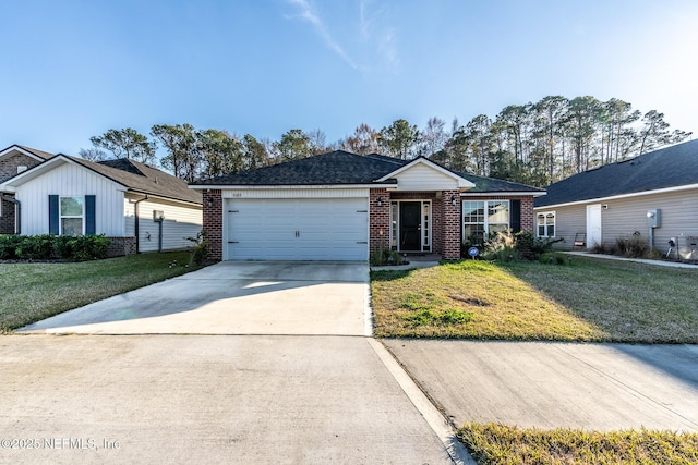 ranch-style home featuring a garage and a front lawn