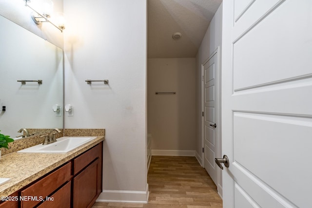 bathroom featuring wood-type flooring, a bathtub, and vanity