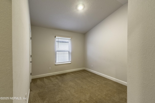 spare room featuring a textured ceiling, vaulted ceiling, and carpet