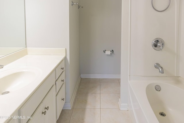 bathroom with tile patterned flooring, vanity, and  shower combination