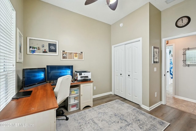 office space featuring dark hardwood / wood-style flooring and ceiling fan