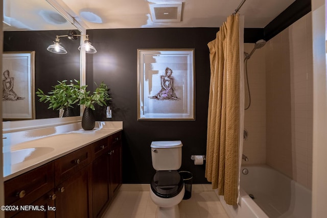 full bathroom with toilet, vanity, shower / bathtub combination with curtain, and tile patterned flooring