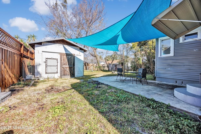 view of yard featuring a patio and a shed