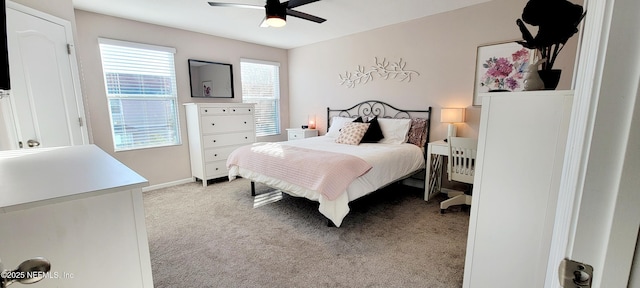 bedroom featuring ceiling fan and carpet floors