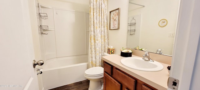 full bathroom featuring shower / bath combination with curtain, vanity, toilet, and hardwood / wood-style flooring