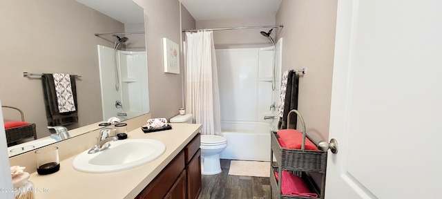 full bathroom featuring vanity, wood-type flooring, toilet, and shower / bath combo with shower curtain