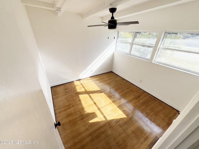 unfurnished room featuring hardwood / wood-style flooring, beamed ceiling, and ceiling fan