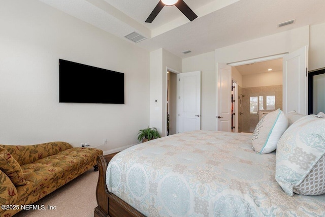 bedroom with ceiling fan and carpet flooring