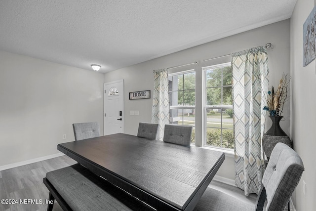 dining area with hardwood / wood-style flooring, a textured ceiling, and a wealth of natural light