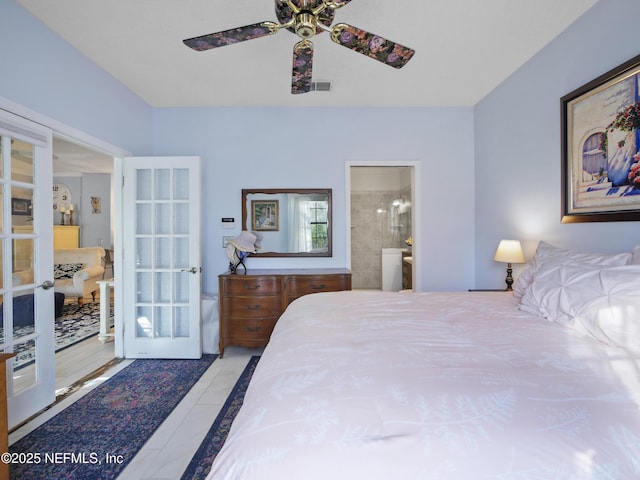 bedroom featuring ceiling fan, connected bathroom, and french doors