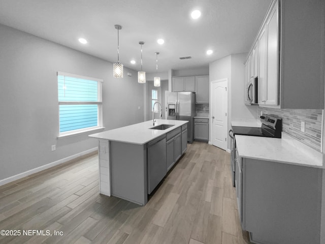 kitchen with hanging light fixtures, sink, backsplash, a kitchen island with sink, and stainless steel appliances