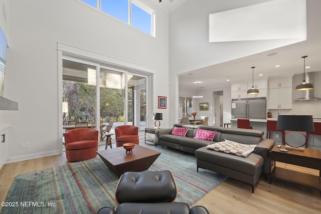 living room featuring a high ceiling and light wood-type flooring