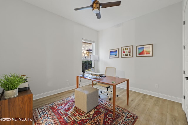 office area featuring ceiling fan and light wood-type flooring