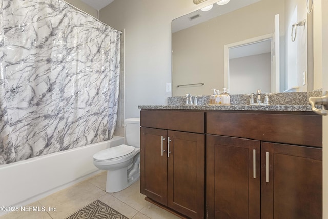 full bathroom featuring shower / bath combo with shower curtain, toilet, tile patterned flooring, and vanity