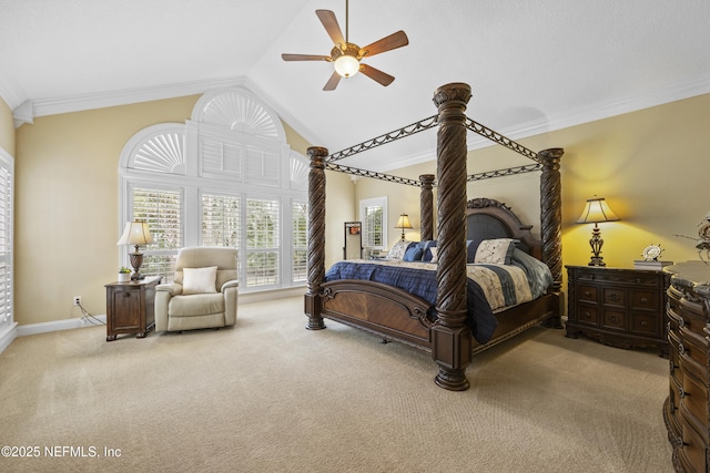 bedroom with high vaulted ceiling, crown molding, light colored carpet, and ceiling fan