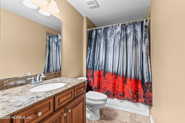 full bathroom featuring shower / bathtub combination with curtain, tile patterned flooring, vanity, a textured ceiling, and toilet