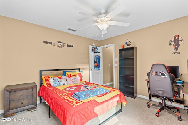 bedroom featuring carpet floors and ceiling fan