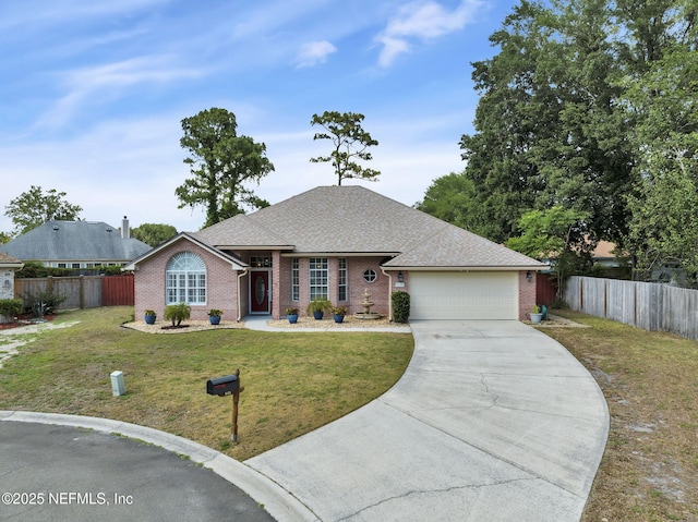 single story home featuring a garage and a front lawn