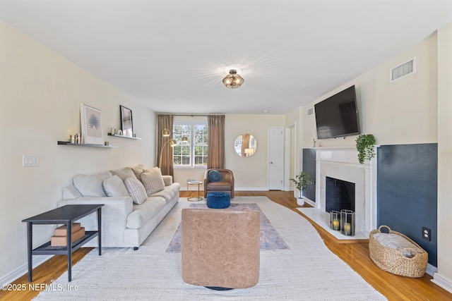 living room featuring light hardwood / wood-style floors and a premium fireplace